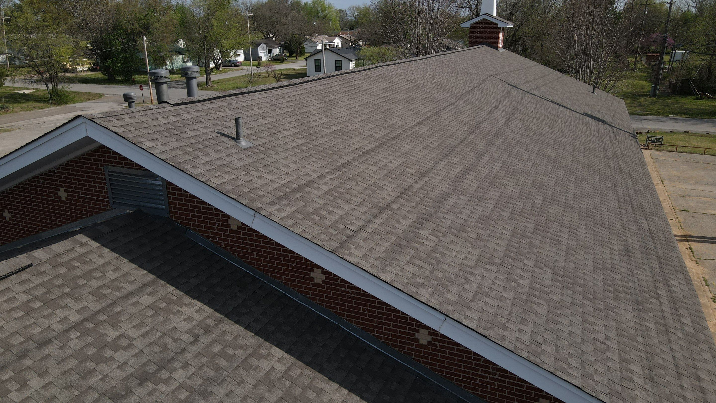 South Heights Baptist Church commercial roof replacement aerial drone shot after